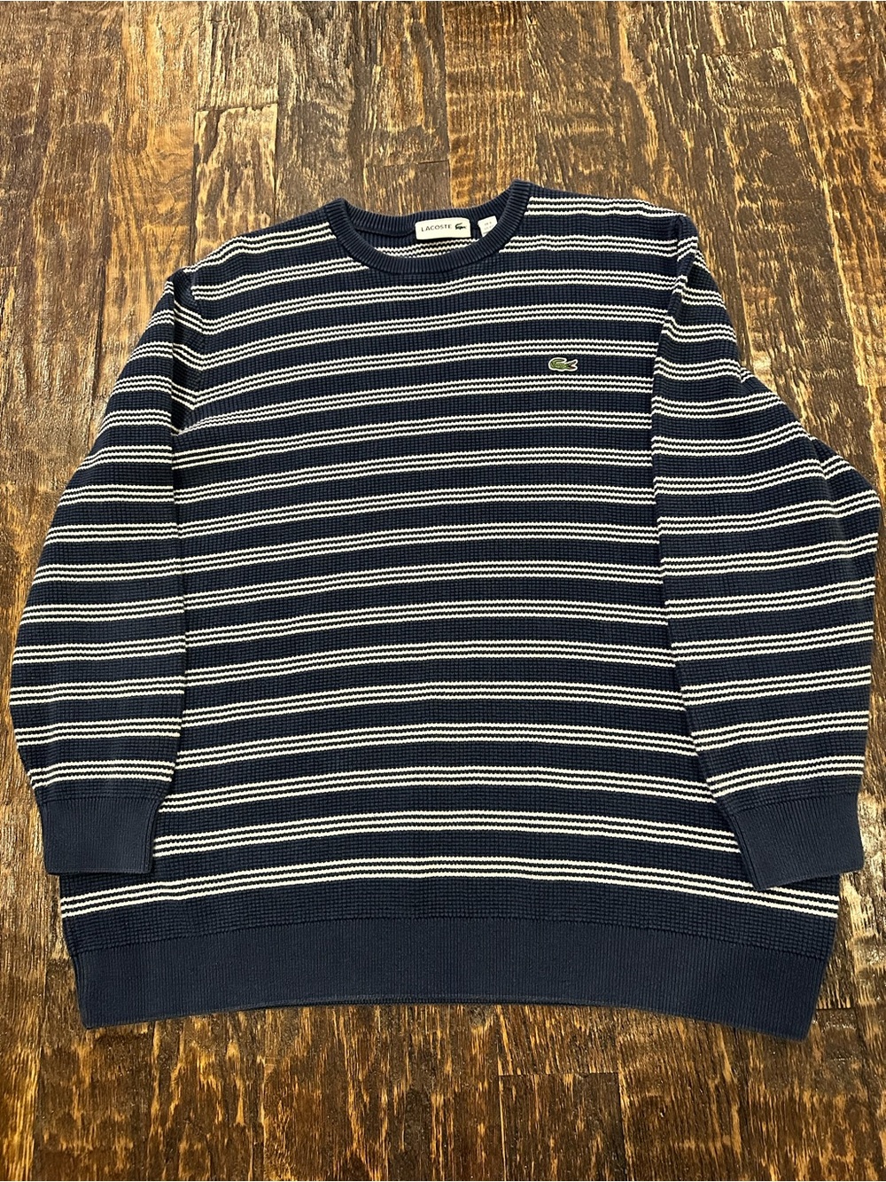 Lacoste Navy and White Striped Crewneck Sweater 100% cotton